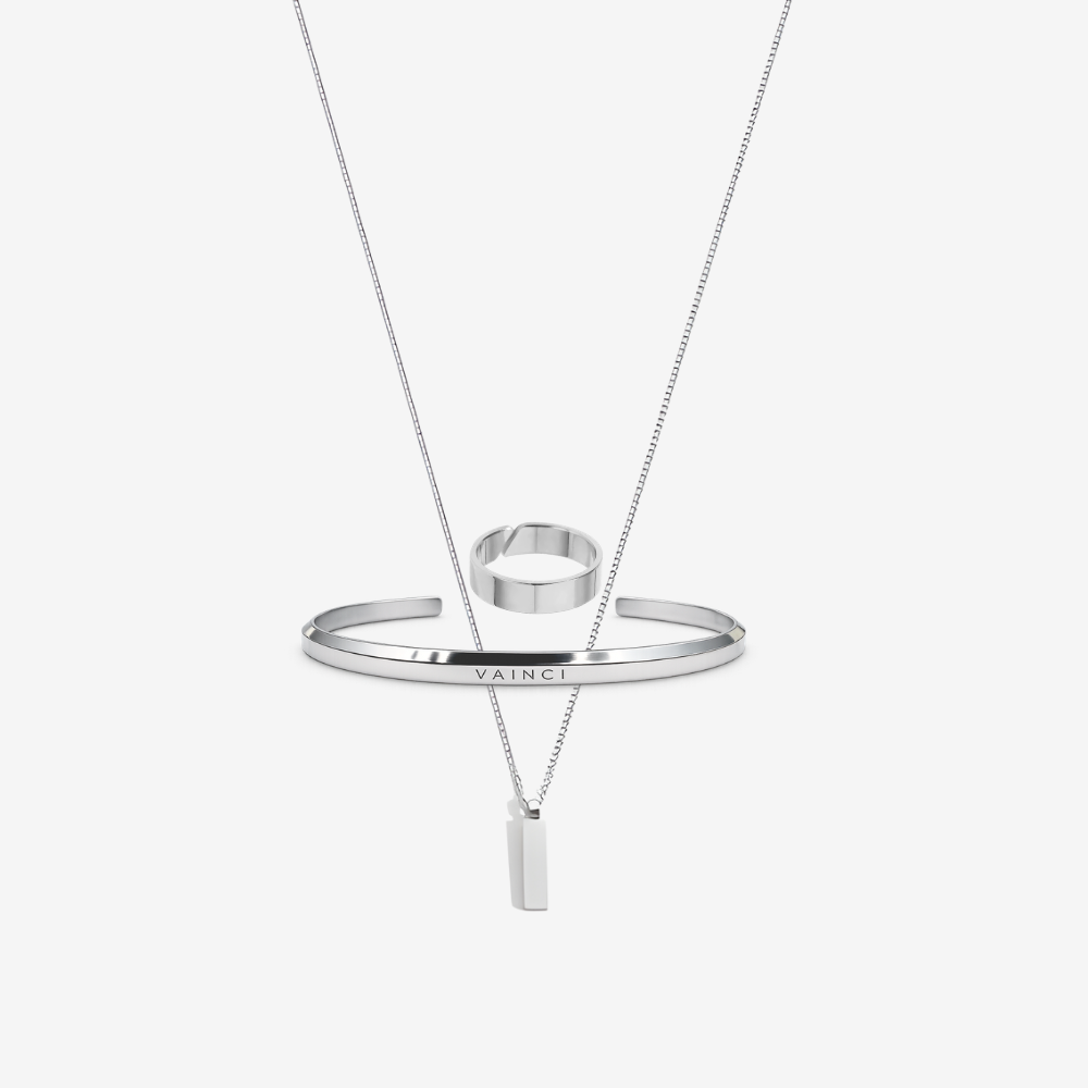 Valen Necklace + Linea Cuff + Plaza Ring Combo in Silver